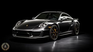 schwarzer Porsche 911 mit Spoiler Ausstellung