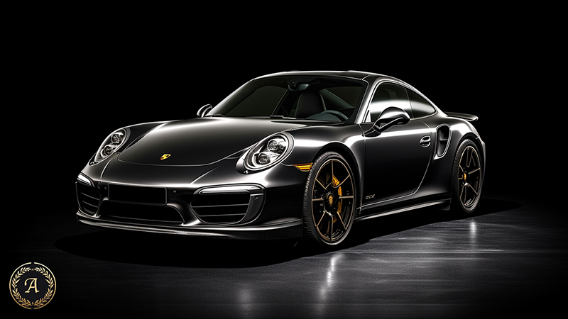 schwarzer Porsche 911 mit Spoiler Ausstellung