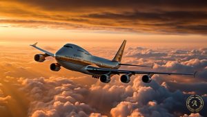 Flug von West nach Ost ist schneller. Reisen in die USA dauern länger als Reisen von den USA nach Deutschland. Boeing 747 sunset
