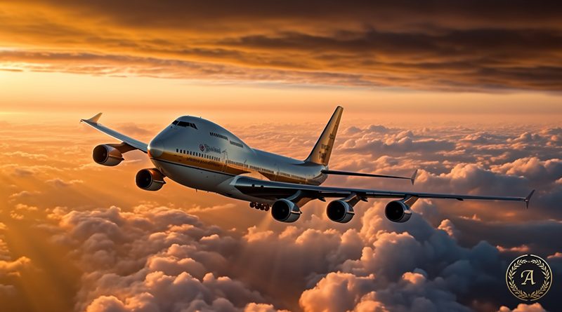 Flug von West nach Ost ist schneller. Reisen in die USA dauern länger als Reisen von den USA nach Deutschland. Boeing 747 sunset