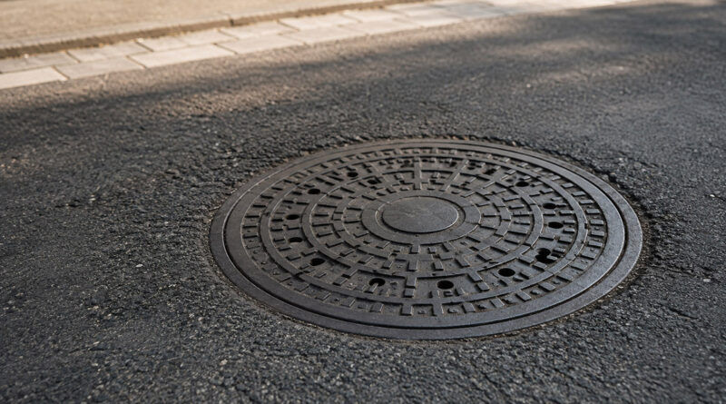 Warum sind Kanaldeckel rund? Runder Kanaldeckel auf einer Asphaltstraße aus schräger Perspektive